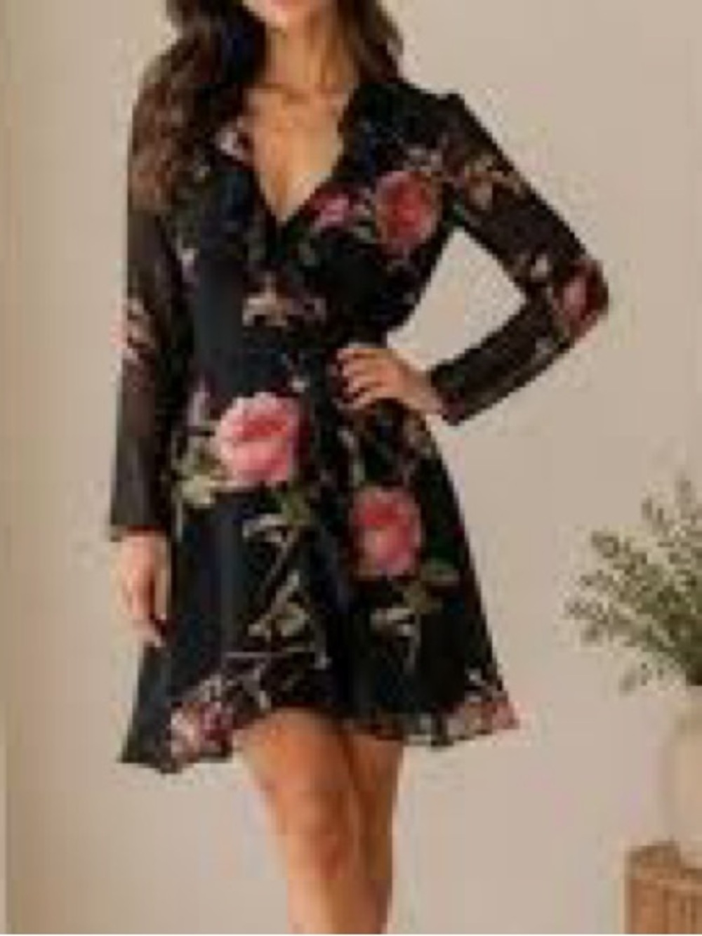 Wilfred Black Rose Print Wrap Ruffle Long Sleeve Mini Dress Sz S